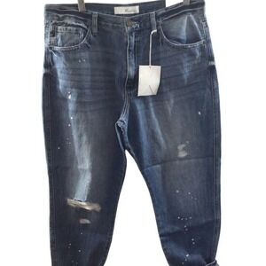 Kancan Mom Jeans High Waist Relaxed Tapered Leg‎ Distressed Paint Splatter 13 30